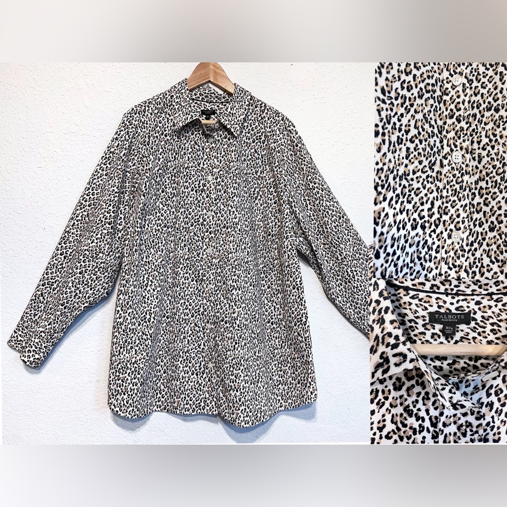 Talbots Plus Sz Leopard Animal Print Long Sleeve Button Blouse Stretch Size 3XP